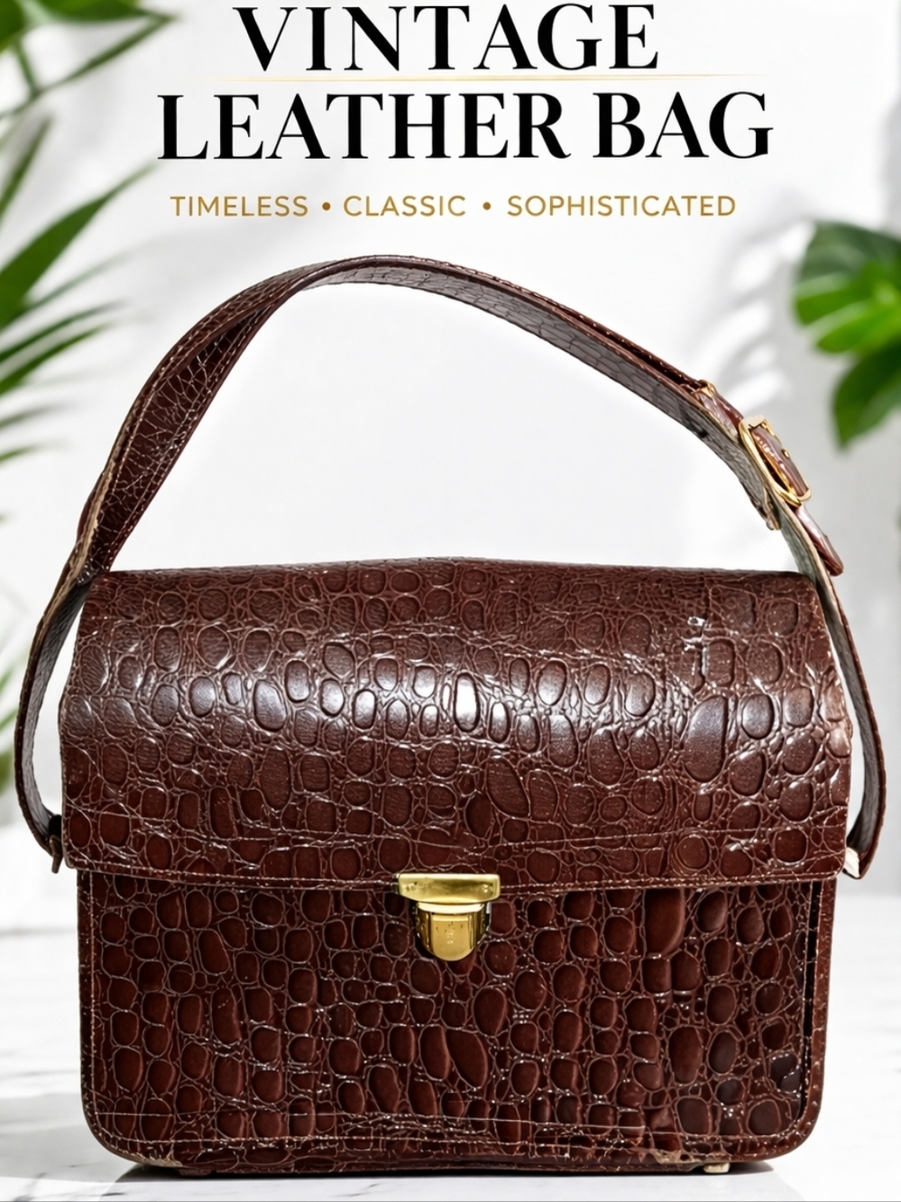 Vintage Camera Bag Style Embossed Brown Leather